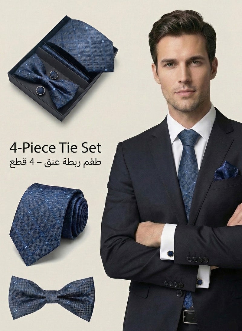 FIORICASA 4-PIECE Men's Tie & Bowtie Gift Set - Navy Blue Diamond Grid Patterned Necktie with Matching Bow Tie, Pocket Square and Cufflinks - Elegant Formal Suit Accessory Box - Image 1